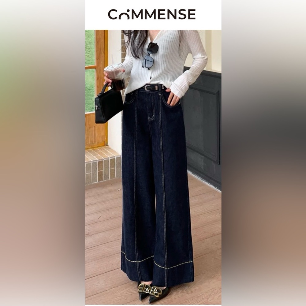 Commense Black High-Rise Wide-Leg Jeans with Contrast Stitching size 8